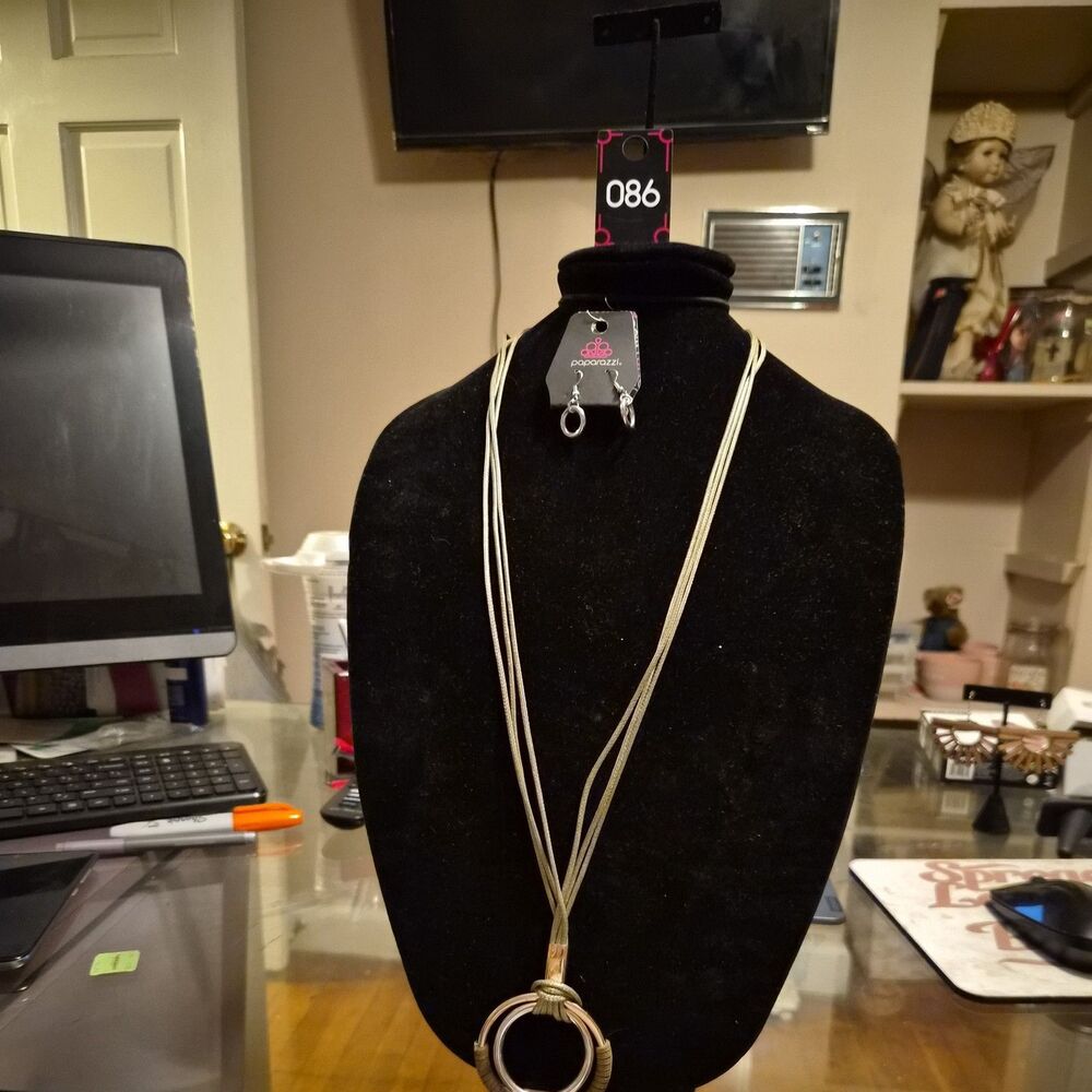 Elliptical Essence Gold Silver and Green Paparazzi Necklace And Earrings